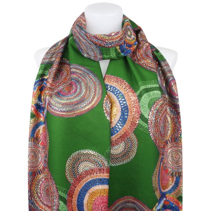 Esarfa dreptunghiulara calda de dama 3015-42 cercuri abstracte cu fir auriu, culoare verde 7200558-7