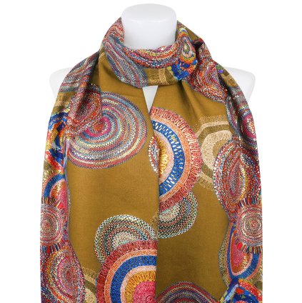 Esarfa dreptunghiulara calda de dama 3015-42 cercuri abstracte cu fir auriu, culoare galben ocru 7200558-8