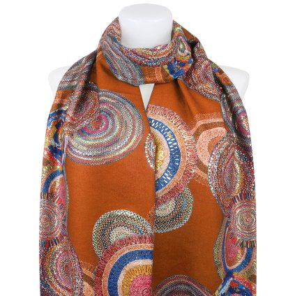 Esarfa dreptunghiulara calda de dama 3015-42 cercuri abstracte cu fir auriu, culoare portocalie 7200558-9