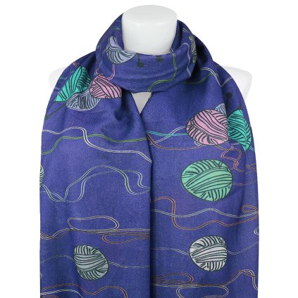 Eșarfă dreptunghiulară cu două fețe pentru femei 3130-2 albastru, bile - pisici 7200683-1