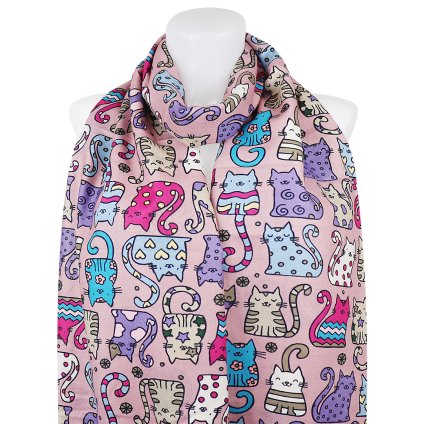 Eșarfă dreptunghiulară cu două fețe pentru femei 3130-2 roz, pisici - bile 7200683-12