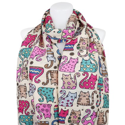 Eșarfă dreptunghiulară cu două fețe pentru femei 3130-2 culoare crem, pisici - bile 7200683-14