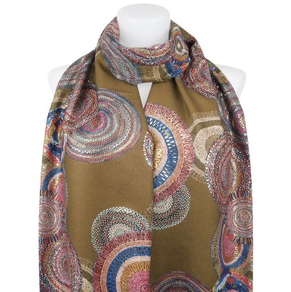 Esarfa dreptunghiulara calda de dama 3015-42 cercuri abstracte cu fir auriu, culoare maro 7200558-10