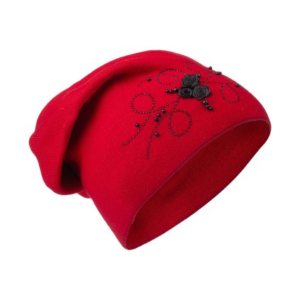 43044 damska pletena cepice s ruzickami a kaminky cervene barvy 7100374 2