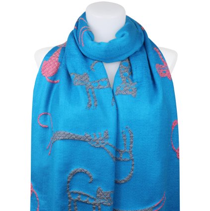 Esarfa dreptunghiulara fata-verso dama 2324-5 cu pisici, culoare albastra