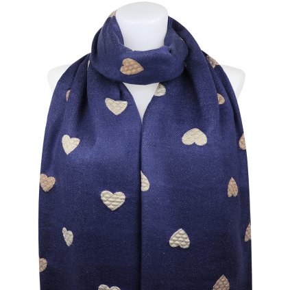 Esarfa dreptunghiulara fata-verso dama 2324-3 cu inimioare, culoare albastru inchis