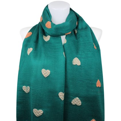 Esarfa dreptunghiulara fata-verso dama 2324-3 cu inimioare, culoare verde