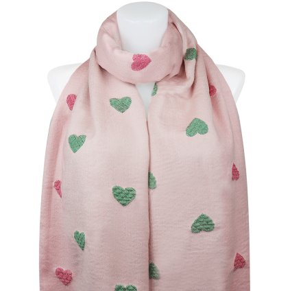 Esarfa dreptunghiulara fata-verso dama 2324-3 cu inimioare, culoare roz