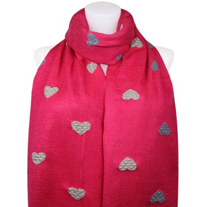 Femeie Femeie eșarfă dreptunghiulară reversibilă 2324-3 cu inimi, fucsia eșarfă dreptunghiulară 2324-3 cu inimi, fucsia