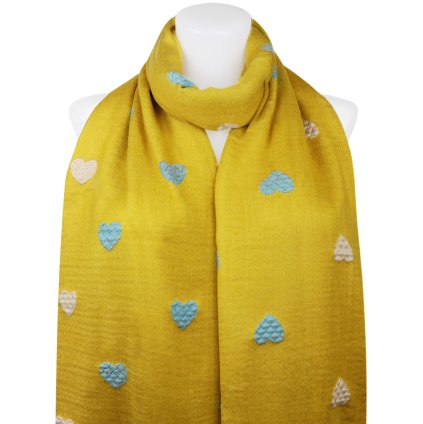 Esarfa dreptunghiulara fata-verso dama 2324-3 cu inimioare, culoare galbena