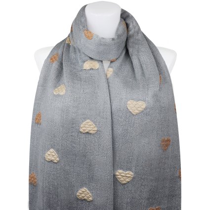 Esarfa dreptunghiulara fata-verso dama 2324-3 cu inimioare, culoare gri