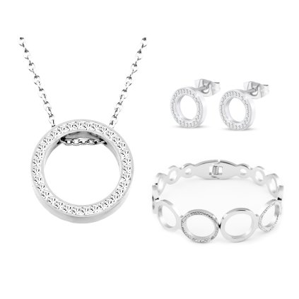 Set din otel chirurgical, cerc cu zirconi, lant + cercei + bratara solida 256