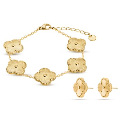 Set din otel chirurgical, placat cu aur de 14k cu motiv floral, bratara + cercei, 301 pietre