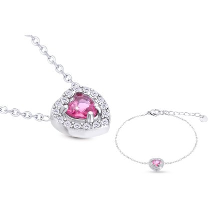 Set din otel chirurgical, set inima cu zircon roz, lant + bratara