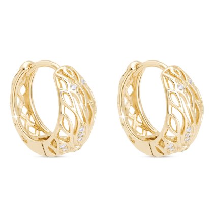 47959 pozlacene nausnice 14k kruh s ozdobnymi prurezy a zirkony ve tvaru listu