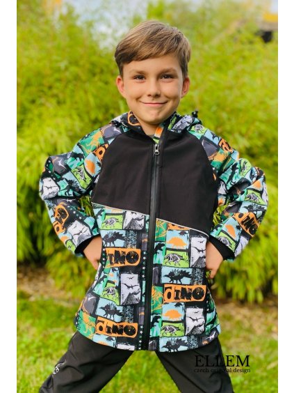 alt="softshellový bunda pro kluka s dinosaury"