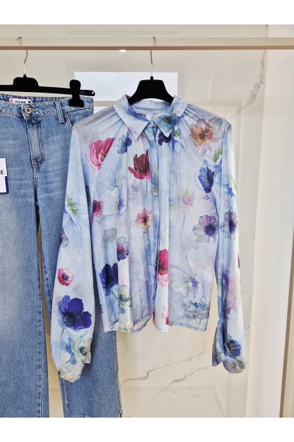 Hodvábna košeľa FLOWER modrá UNI