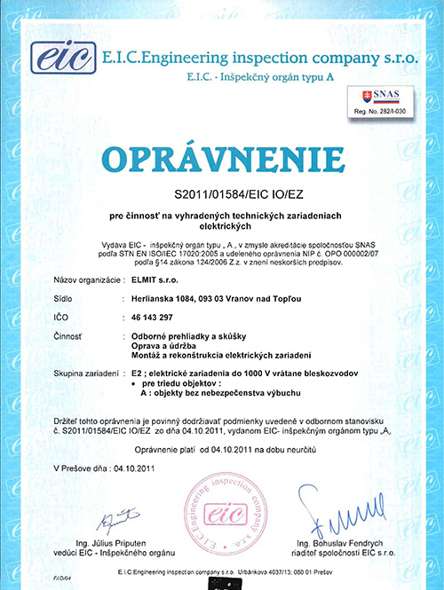 Certifikát oprávnenia VTZ E2A od ELMIT