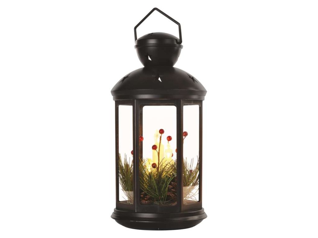 LED dekorácia – vianočný lampáš so sviečkami čierny, 35,5 cm, 3x C, vnútorný, vintage