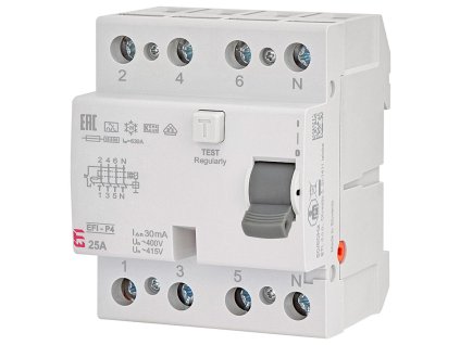 Prúdový chránič ETI EFI-P4 25A 30mA typ A 10kA 4-pólový na DIN lištu