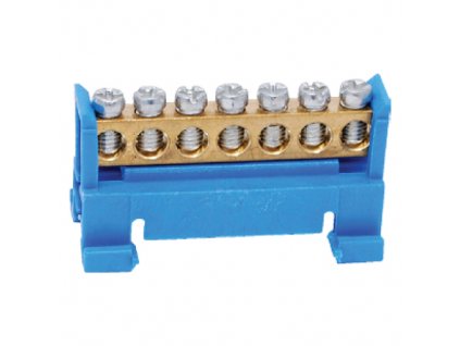 Mostík rozbočovací modrý 7 svoriek 16mm2, 230V 63A na DIN/TS35 lištu + pásik - N 7cz