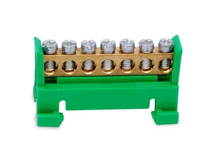 Zelený rozbočovací mostík PE-7CZ so 7 svorkami na DIN lištu pre uzemnenie