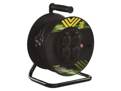 Vonkajší predlžovací kábel na bubne 25 m / 4 zásuvky / čierny / guma / 230 V / 1,5 mm2