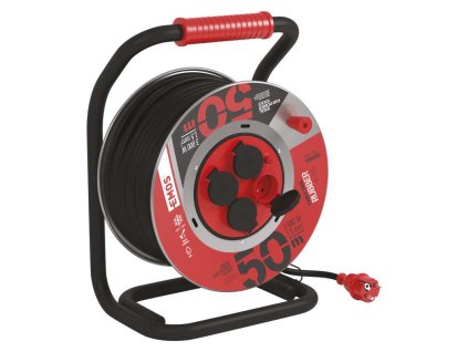 Vonkajší predlžovací kábel na bubne 50 m / 4 zásuvky / čierny / guma / 230 V / 1,5 mm2
