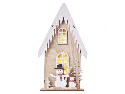 LED dekor. drevená – dom so snehuliakmi, 28,5 cm, 2x AA, vnútorná, teplá biela, časovač