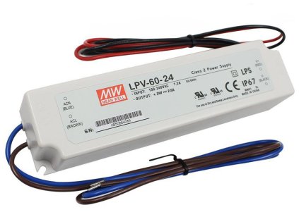 LED zdroj Mean Well LPV-60-24 vodotesný IP67 24V 60W pre LED pásy