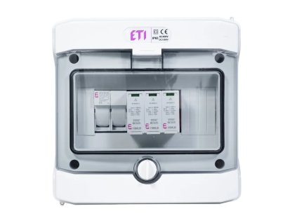 DC rozvádzač ETI RFVE-DC1-1-T12 pre 1 string fotovoltiky s prepäťovou ochranou a poistkami