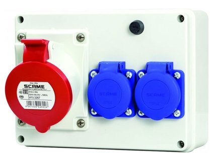 Kompaktná zásuvková rozvodnica Scame E-BOX 686.322 s 5-pólovou 32A zásuvkou a dvoma 230V z