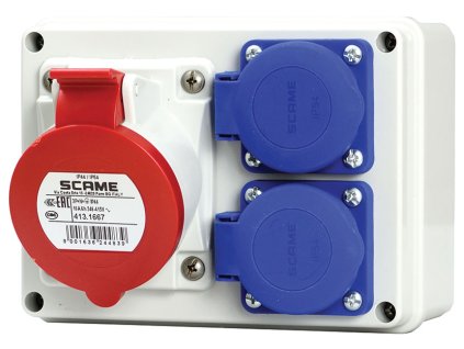 Kompaktná zásuvková rozvodnica Scame E-BOX 686.122/4 s 4-pólovou 16A zásuvkou a dvoma 230V