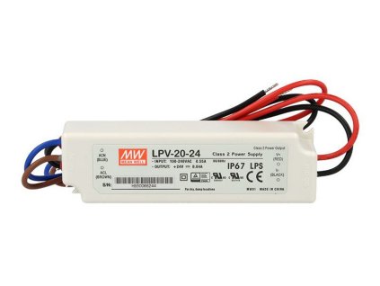 LED zdroj Mean Well LPV-20-24 vodotesný IP67 24V 20W malý pre LED pásy