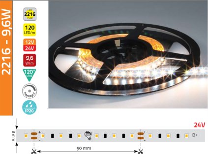 LED pás profi 2216 SMD 9,6W/m-WW-24V - CRI>90