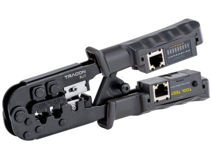Lisovacie kliešte Tracon RJT s odnímateľným testerom pre konektory RJ45 a RJ11.