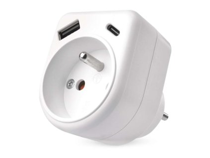 Biely zásuvkový adaptér EMOS s jednou zásuvkou a USB-A/C portmi