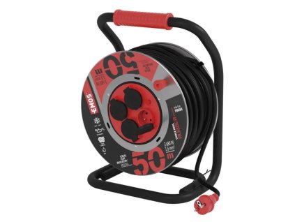 Vonkajší predlžovací kábel na bubne 50 m, 4 zásuvky, čierny, guma-neoprén, 230 V, 1,5 mm2 - Odolný kábel na náročné vonkajšie použitie