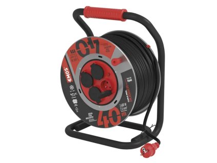 Venkovní prodlužovací kabel na bubnu 40 m, 4 zásuvky, černý, guma-neopren, 230 V, 2,5 mm2 – Výkonný a odolný kabel pro venkovní použití