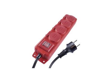 Odolný prodlužovací kabel 5m – 4 zásuvky s vypínačem, černo červený design z guma neoprenu 1,5 mm2