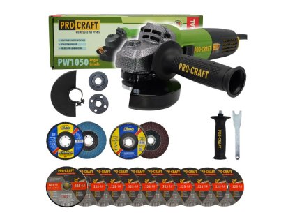 Procraft PW1050 Bruska úhlová + 10x řezný kotouč, 2x lamelový kotouč