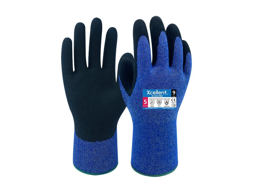 Protiporezové zimné pracovné rukavice XCELLENT Winter 51-818. Hrejivé rukavice pracovné. Čierno-modré pracovné rukavice.