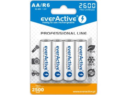 AA / R6 everActive Ni-MH 2600 mAh dobíjecí baterie připravené k použití Professional line (krabička 4ks)