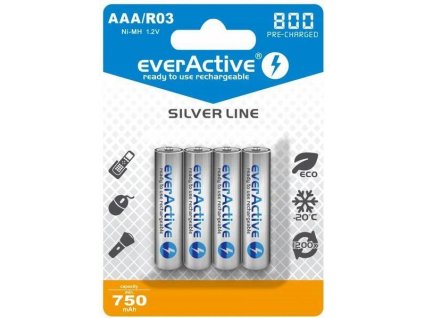 Nabíjecí baterie AAA / R03 everActive Ni-MH 800 mAh připravené k použití Silver line (krabička 4ks)