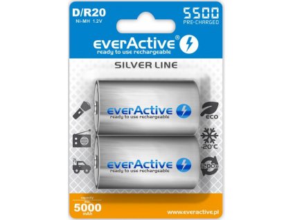 D / R20 everActive Ni-MH 5500 mAh dobíjecí baterie připravené k použití Silver line (krabička 2 ks)