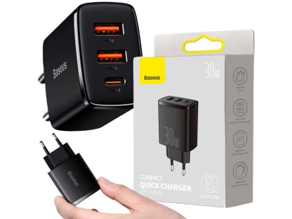 Kompaktní rychlonabíječka Baseus CCXJ-E01 30W 2x USB-A 1x USB-C PD 3.0 QC 3.0 ČERNÁ