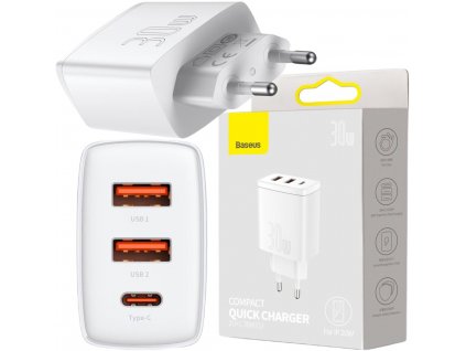 Kompaktní rychlonabíječka Baseus CCXJ-E02 30W 2x USB-A 1x USB-C PD 3.0 QC 3.0 BÍLÁ