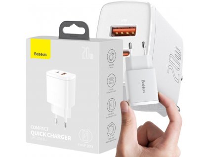 Baseus Compact Quick Charger CCXJ-B02 20W 1x USB-A 1x USB-C PD 3.0 QC 3.0 BÍLÁ