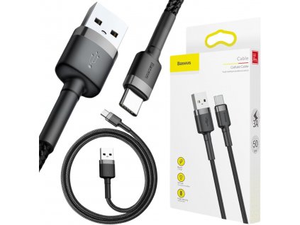 Kabel USB-A -> USB-C Baseus Cafule CATKLF-AG1 50cm 3A QC 3.0 ČERNÝ/ŠEDÝ V Nylonovém plášti