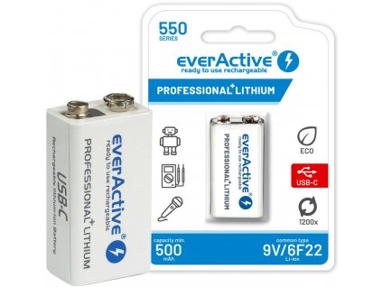 Nabíjecí zdroj 6F22 Li-Ion everActive 9V 550mAh s konektorem USB-C